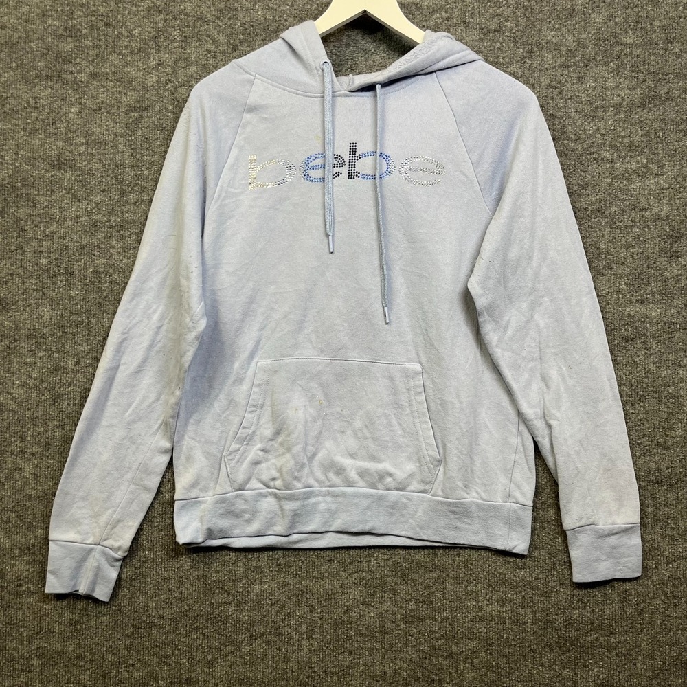 Bebe Hoodie Women's Blue Fleece Rhinestone Drawstring Raglan Sleeve Pullover